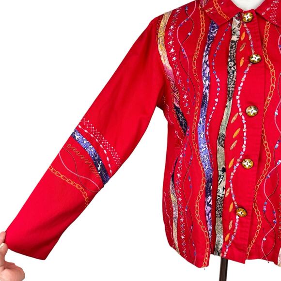 Coldwater Creek Red Woven Embroidered Embellished Art to Wear Button Jacket - Picture 8 of 11